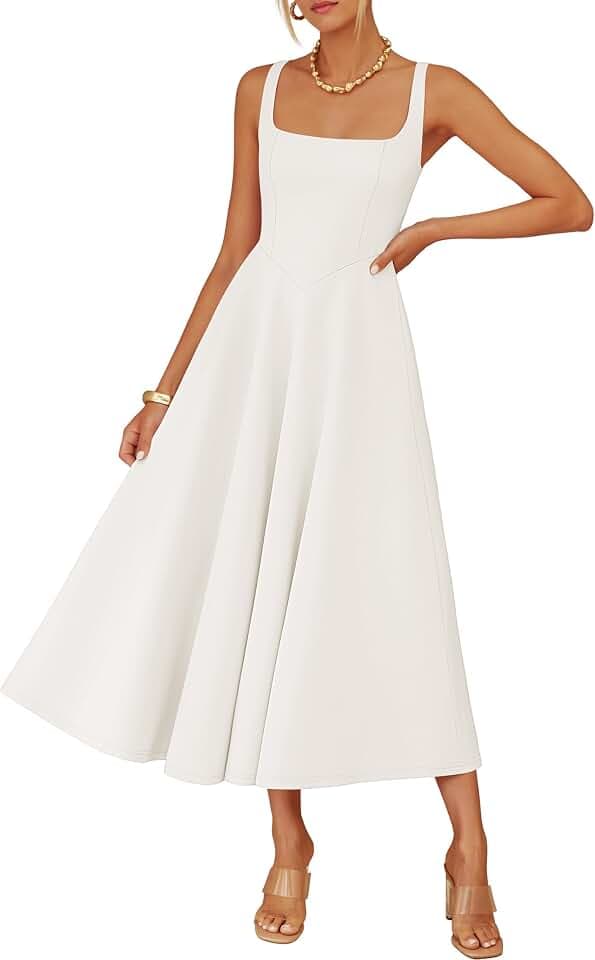 ZESICA Womens Summer Sleeveless Square Neck A Line Midi Dress