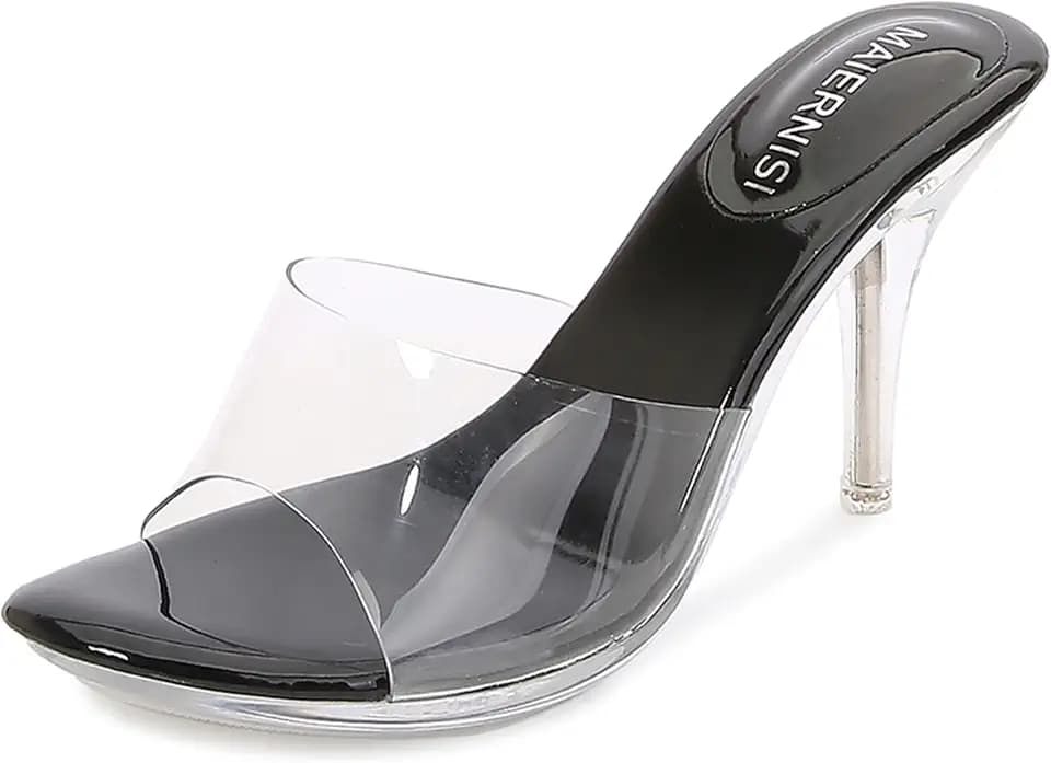 MAIERNISI JESSI Women's Clear Strap Mule Heels, Transparent Upper, Sexy Stilletos, Slip on, Wedding Dress High Heel Sandals