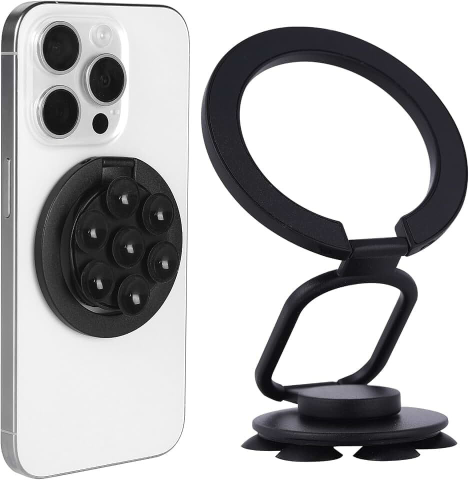 Magnetic Phone Holder Multifunctional Cellphone Stand wtih Suction Cup, Mount Ring Grip, Magnetic Lead Ring Kickstand Compatible with iPhone 16/15/14/13/12 Series and Magsafe Case (Black)