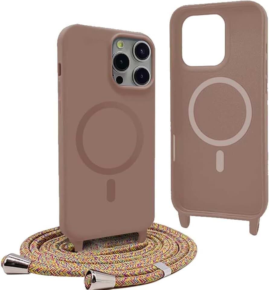 Handykette Hülle für iPhone 12 Pro mit Band,Magnetische Silikon Handyhülle Kompatibel mit MagSafe,Handyhülle für zum Umhängen Einstellbar und Abnehmbar - Braun