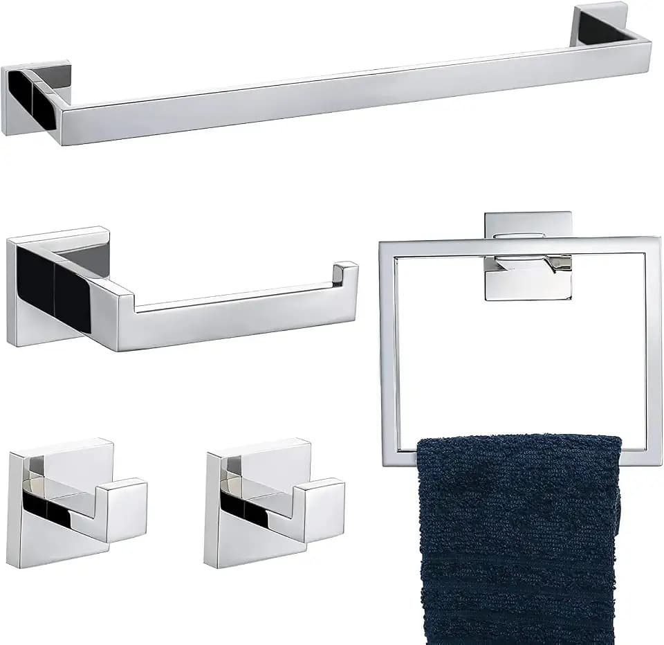 TURS Badezimmer-Hardware-Zubehör-Set, poliertes Chrom, Handtuchstange, Handtuchhalter, Toilettenpapierhalter, Handtuchhaken für Badezimmer, 5 Stück, Edelstahl, Wandmontage