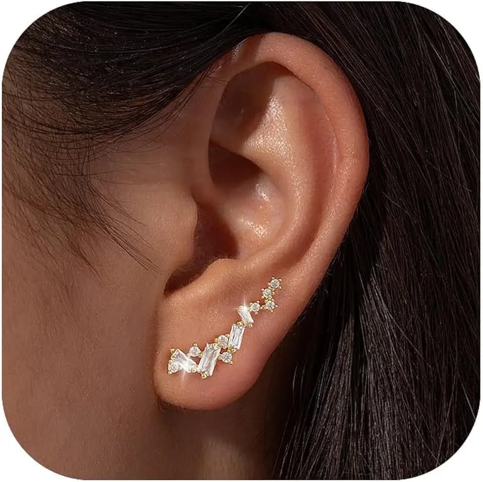 Robaice Cartilage Climber Earrings for Women，14K Gold Plated Helix Stud