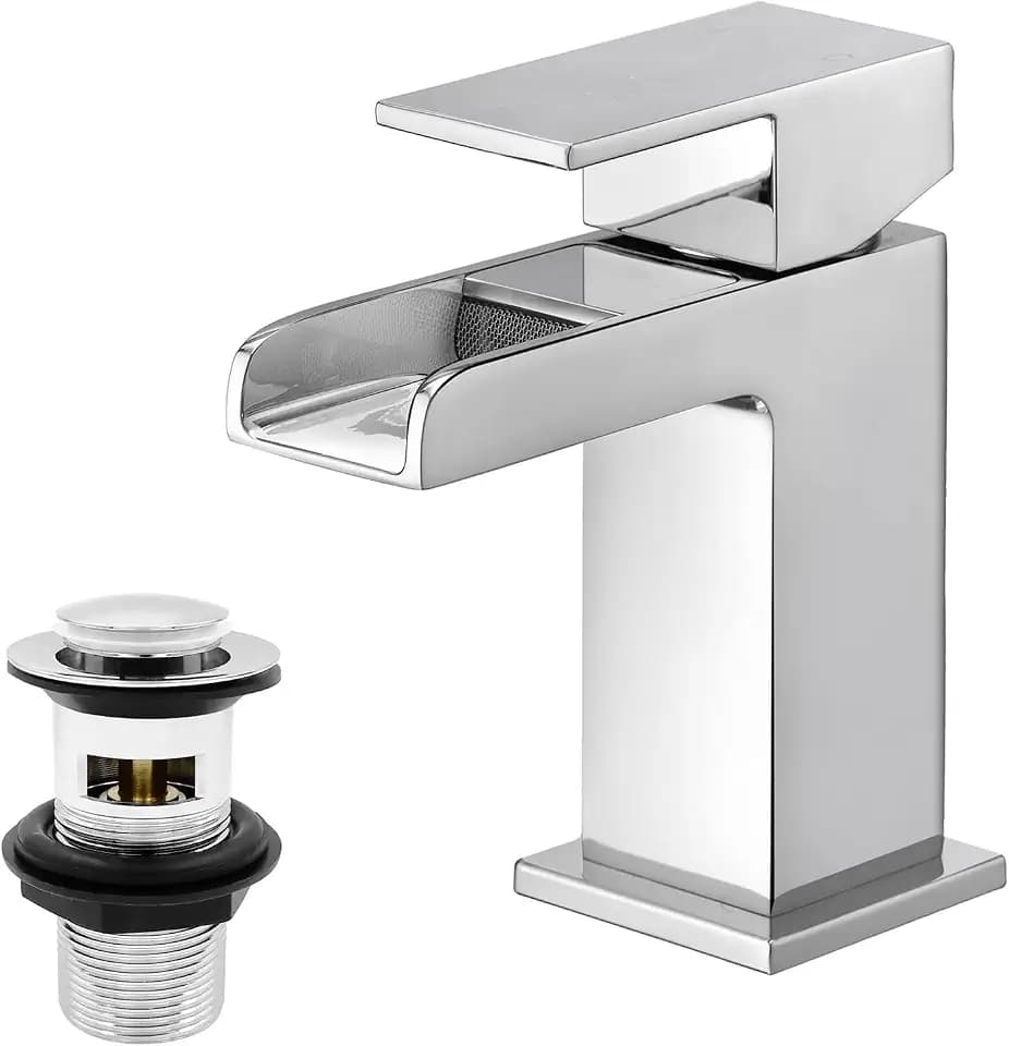 Wasserfall Eckige Waschtischarmaturen mit Pop-Up-Ablaufgarnitur, BATHWEST Waschtischarmatur mit Ablaufgarnitur, Monoblock verchromtes Messing Waschtischarmaturen mit Waschbeckenstöpsel 612M
