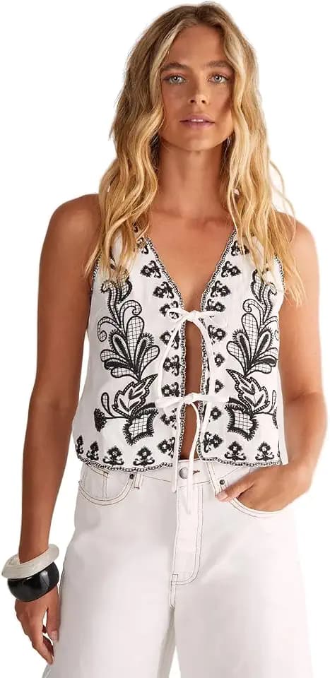 Nasty Gal Women's Cotton Embroidered Tie Front Top