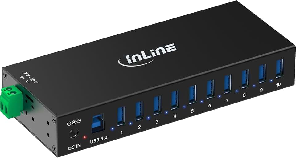 Inline USB 3.2 Gen.1 Industrie-Hub mit 10 Ports, Aluminiumgehäuse, DIN-Schienen-Montage, aktiver USB-Hub mit Netzteil, 5Gb/s, 35396C