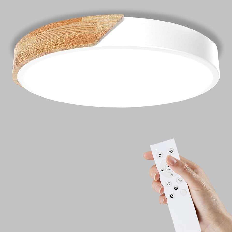 Yexati Deckenleuchte Holz,32w dimmbare Decke 3000k-6000k,ferngesteuerte LED-Deckenleuchte,moderne Leuchte für Wohnzimmer,und Flur,30cm,Weiß