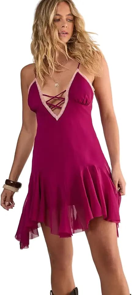 Nasty Gal Women's Crinkle Chiffon Lace Criss Cross Godet Hem Mini Dress