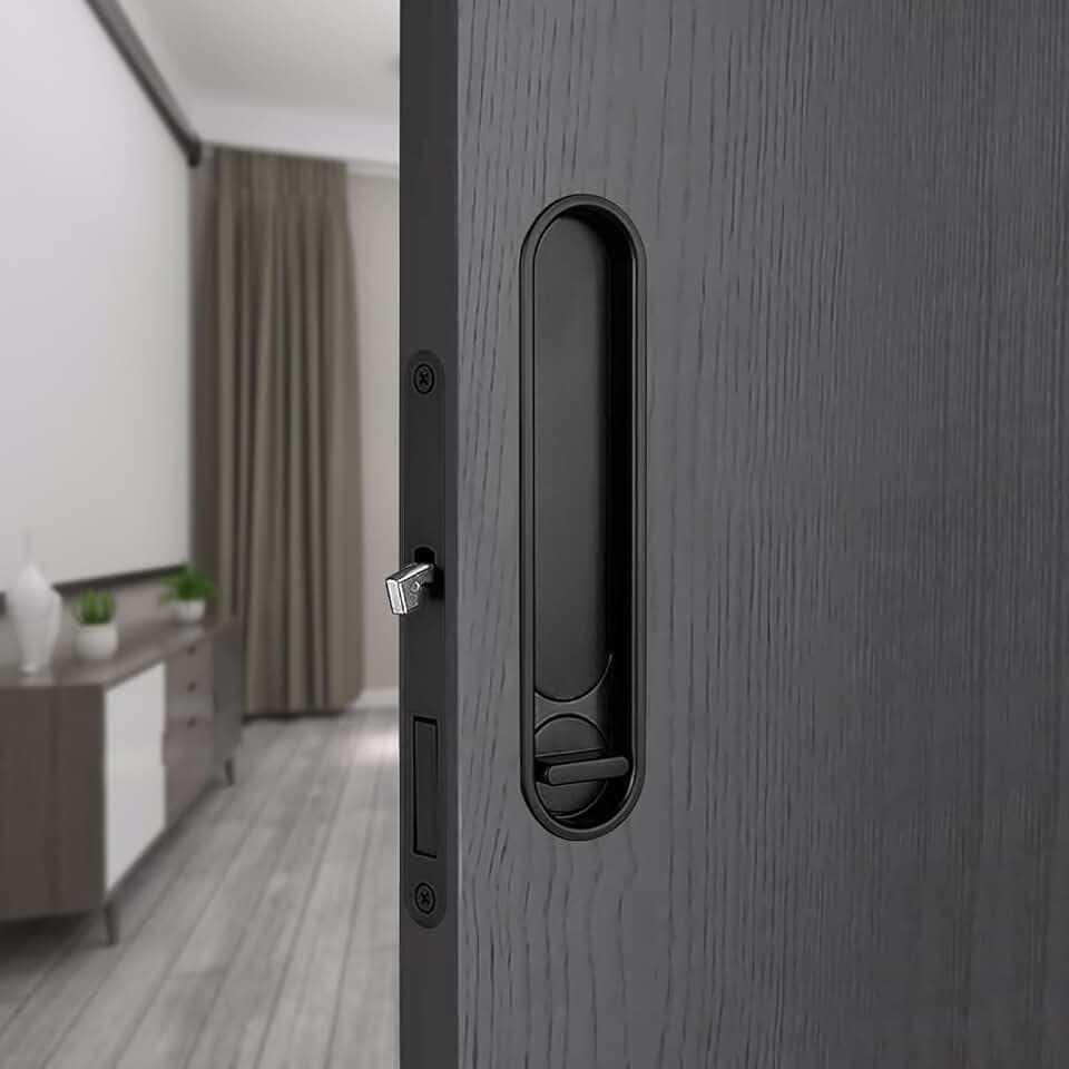 Pocket Door Lock Hardware with Pull,Invisible Sliding Door Lock Handle, Recessed Door Handle Lock for Furniture Hardware, Black