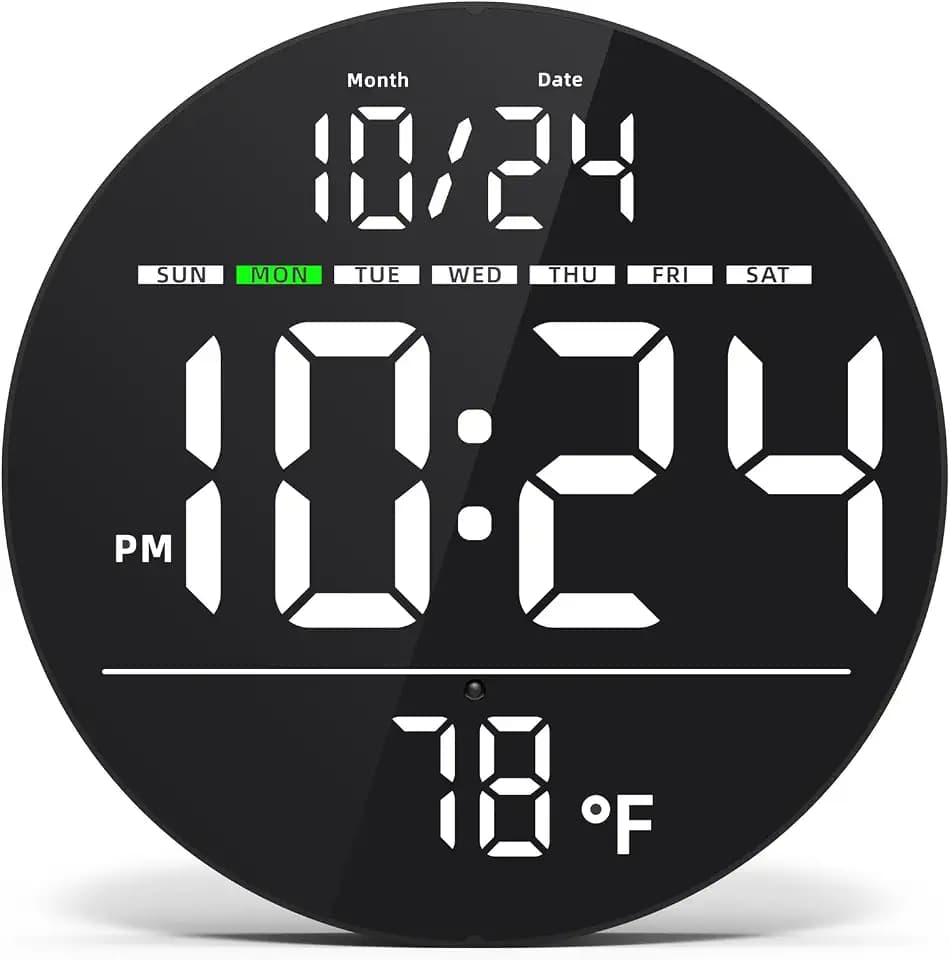Digital Wall Clock with Large LED Display, Date, Temperature, Auto-Brightness | Small [PLUG-IN] Clock | Modern Electric Wall Clock for Bedroom, Classroom, Living Room, Home, Office, Farmhouse – White