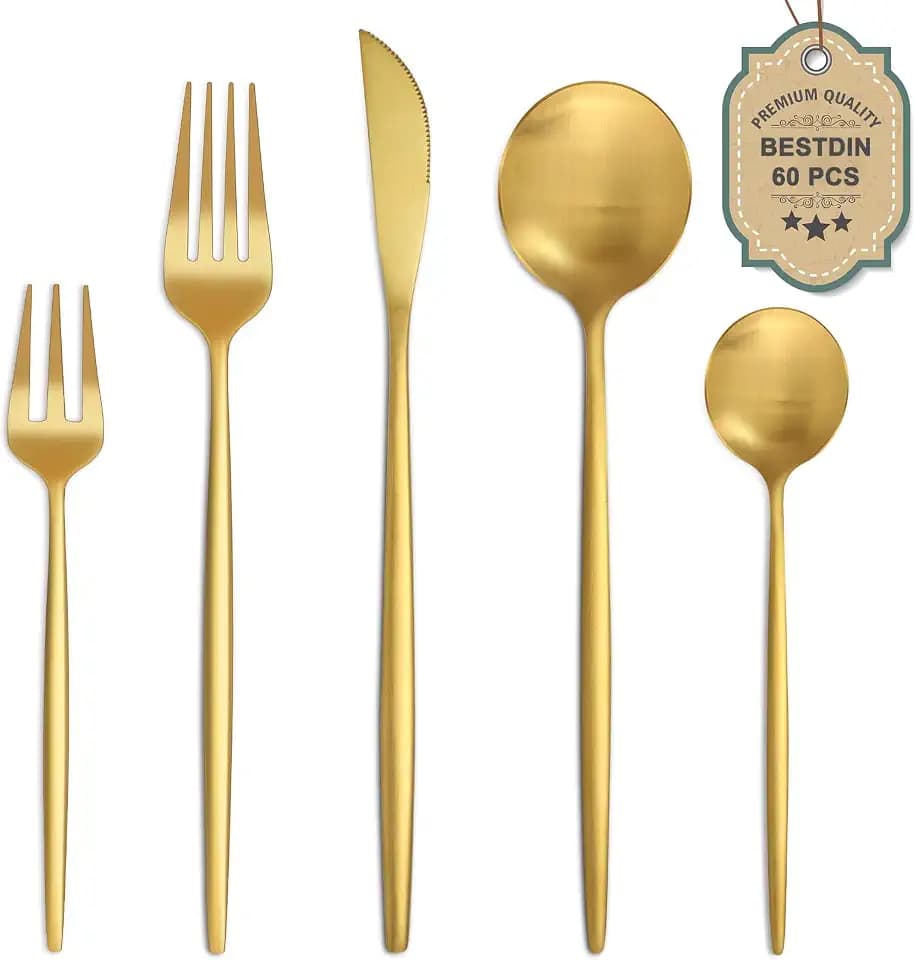 Bestdin Besteck Set 12 Personen, 60 teilig Edelstahl Besteckset Gold Matt, Essbesteck Set mit Messer Gabel Löffel, Hochwertiges Edelstahlbesteck, Spülmaschinenfest.