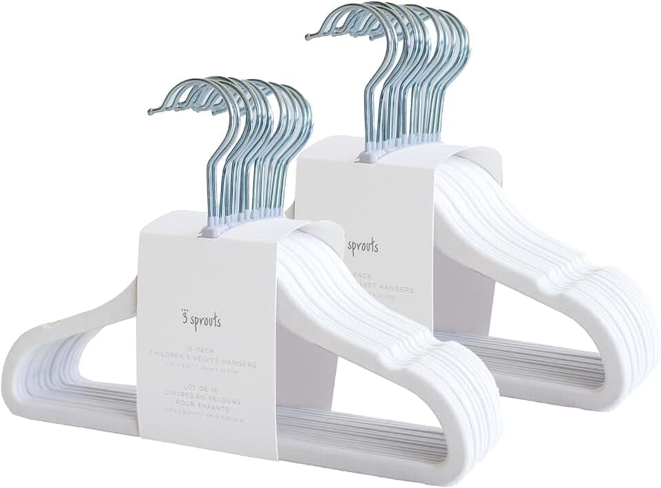 3 Sprouts Velvet Baby Hangers, Non Slip Slim, White, 30 Pack