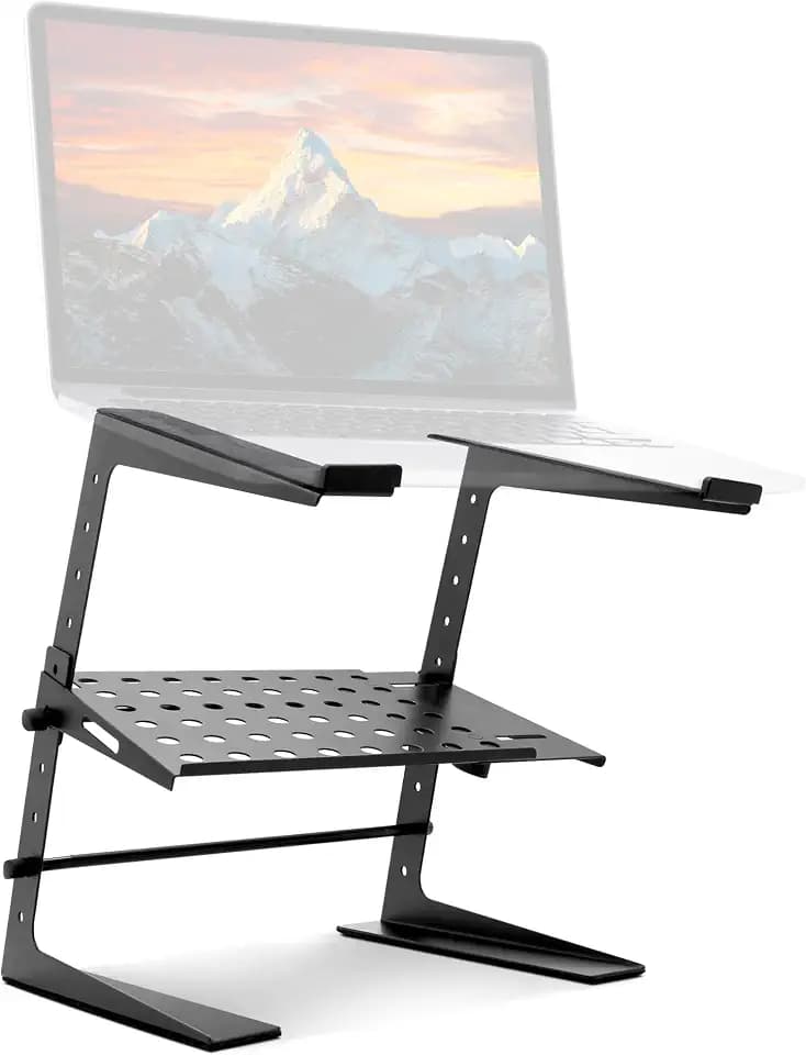 Pyle Adjustable DJ Laptop Stand with Two-Tier Storage Shelf – Portable Table for Laptop, CD Player, DJ Controller, EFX/Lighting Gear, 4 Heights, Durable, 8 lb Capacity