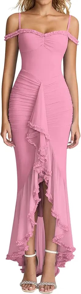 KUTUMAI Women Ruffle Bodycon Maxi Long Formal Cocktail Wedding Guest Dress