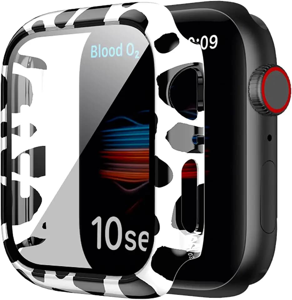 Compatible with Apple Watch Case 45mm Series 9 / Series 8 / Series 7 45mm, Cow Print Case with Tempered Glass Screen Protector, Bubble-Free Hard Case Cover for iWatch 9 8 7 Accessories Black