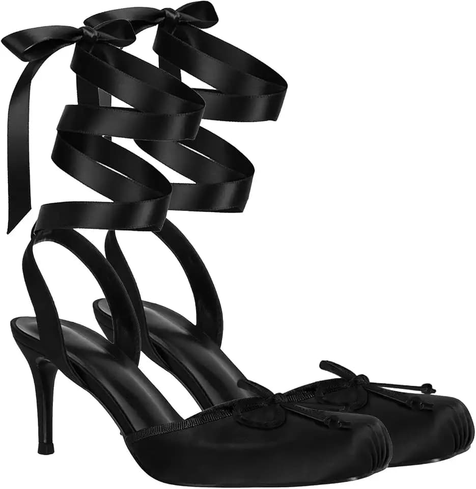 Agodor Satin Ballet Heels for Women, Lace Up Ballet Pumps with Bow,Square Toe High Slingback Heel Strappy Elegant Dress Stiletto Mary Jane Ballerina Shoes for Party and Wedding