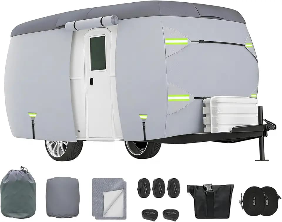 Fiberglass Travel Trailer Cover 7 Layers Breathable Waterproof Rip-Stop Camper Cover (Fits 10' to 13'-160" L x 80" W x 84" H)