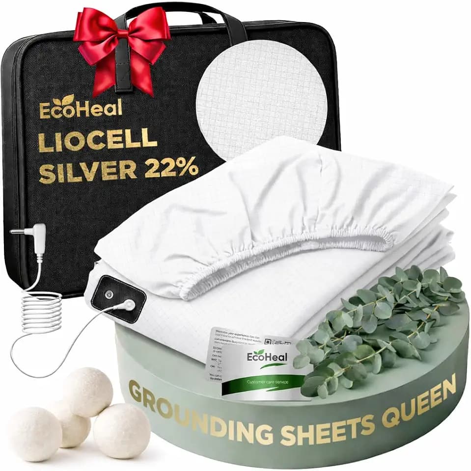 Luxury Lyocell Grounding Sheets Queen 22% Silver Fiber, 74% Cooling Lyocell, 4% Silk, Quality Certified - Conductive Earth Fitted Sheet 15" Deep w/Wash Bag & Wool Dryer Balls, White