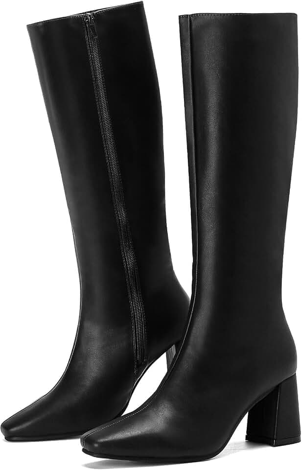 Putu Knee High Dress Boots, Square Toe Chunky Heel Boots, Fall Casual Boots