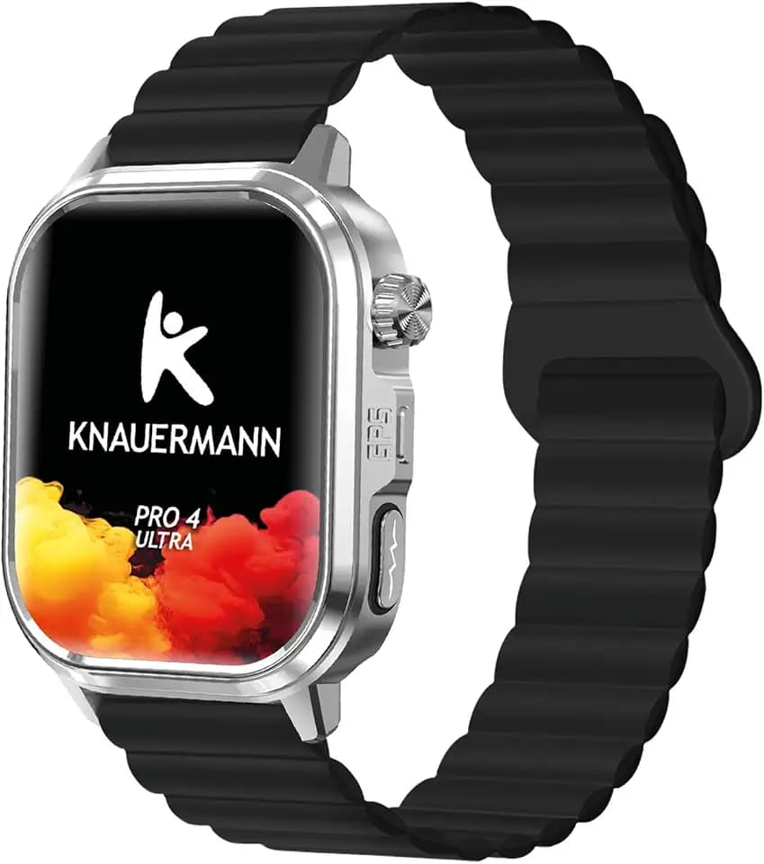 Knauermann - PRO 4 Ultra - Silber, eckig, Silikonband Schwarz mit Anruf & SOS Funktion - Telefonfunktion, Puls, Blutdruck, HRV, Schlafanalyse – Für Damen und Herren