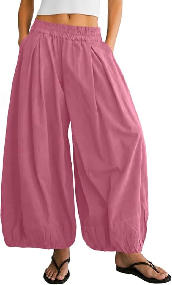 Womens Balloon Pants Wide Leg Barrel Pants Baggy Trousers Elastic Waist Casual Lounge Travel Pants with Pockets