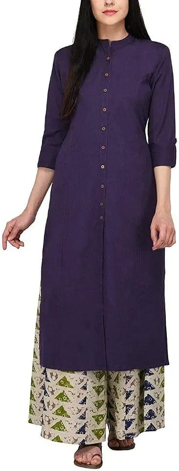 Women's Pure Cotton Plain Tunic Top Front Slit 3/4 Sleeves Roll-UP Chinese Neck Buttons Down Pocket Long Kurti Kurta