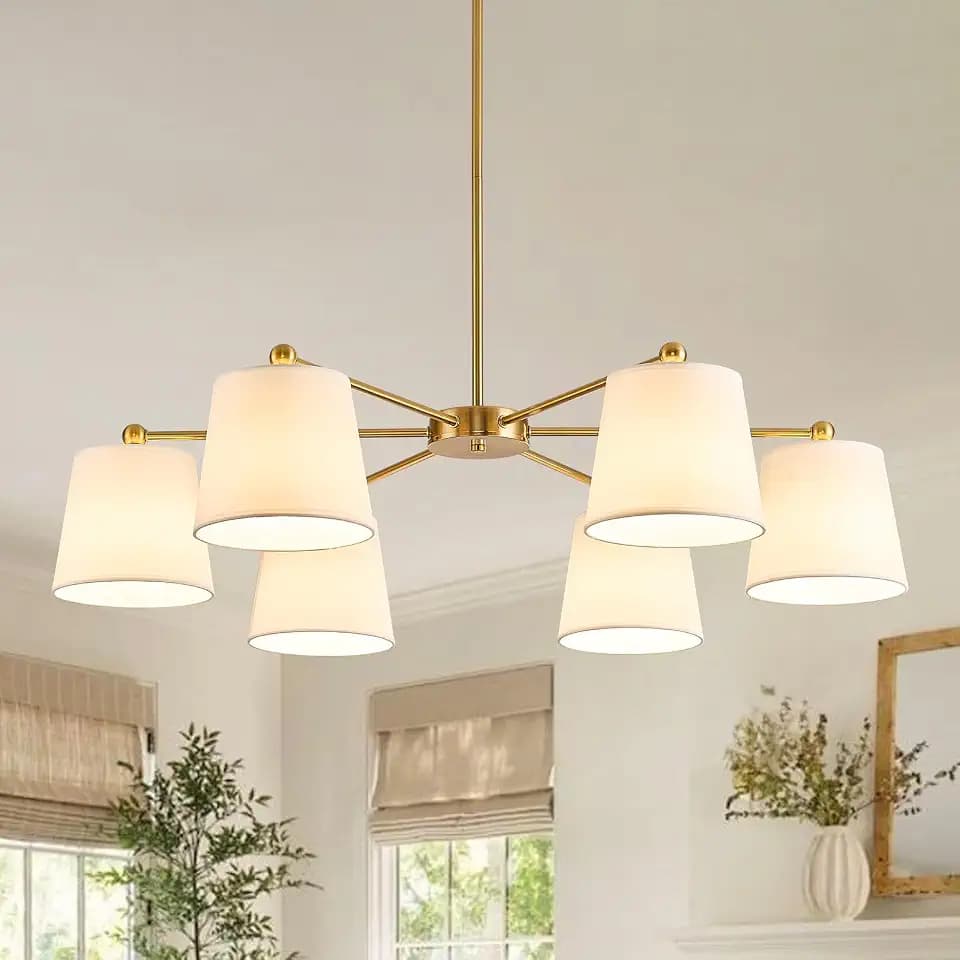 Brass Gold Chandelier, Dining Room Chandelier with Fabric Shades 34 Inches