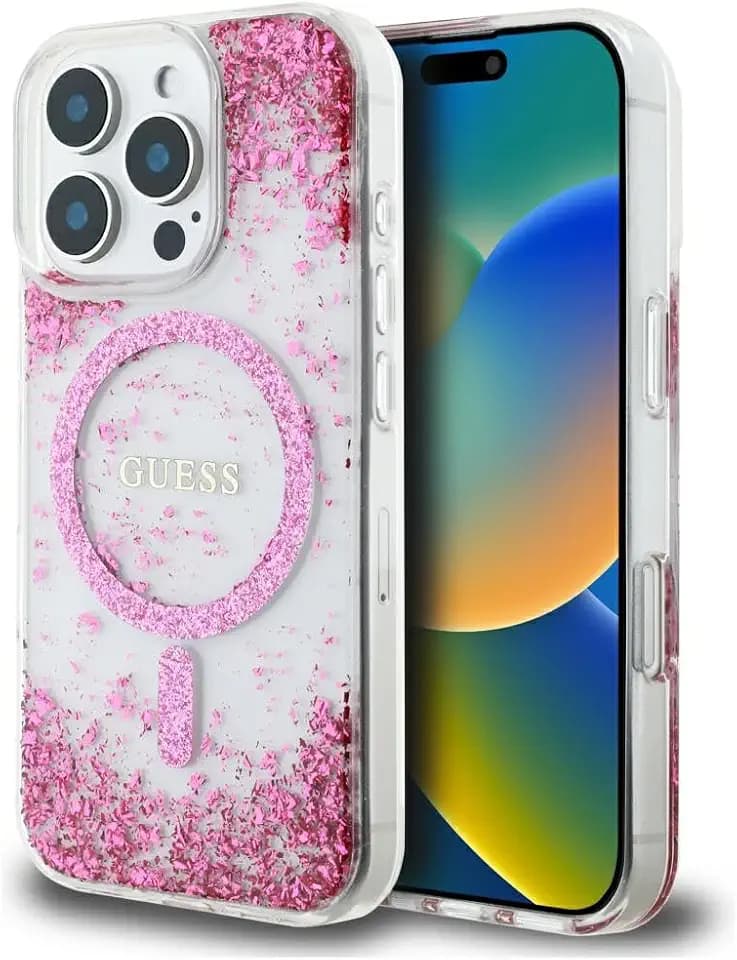 CG MOBILE Guess HC Resin Bottom Glitter Hülle für iPhone 16 Pro kompatibel mit MagSafe Rosa