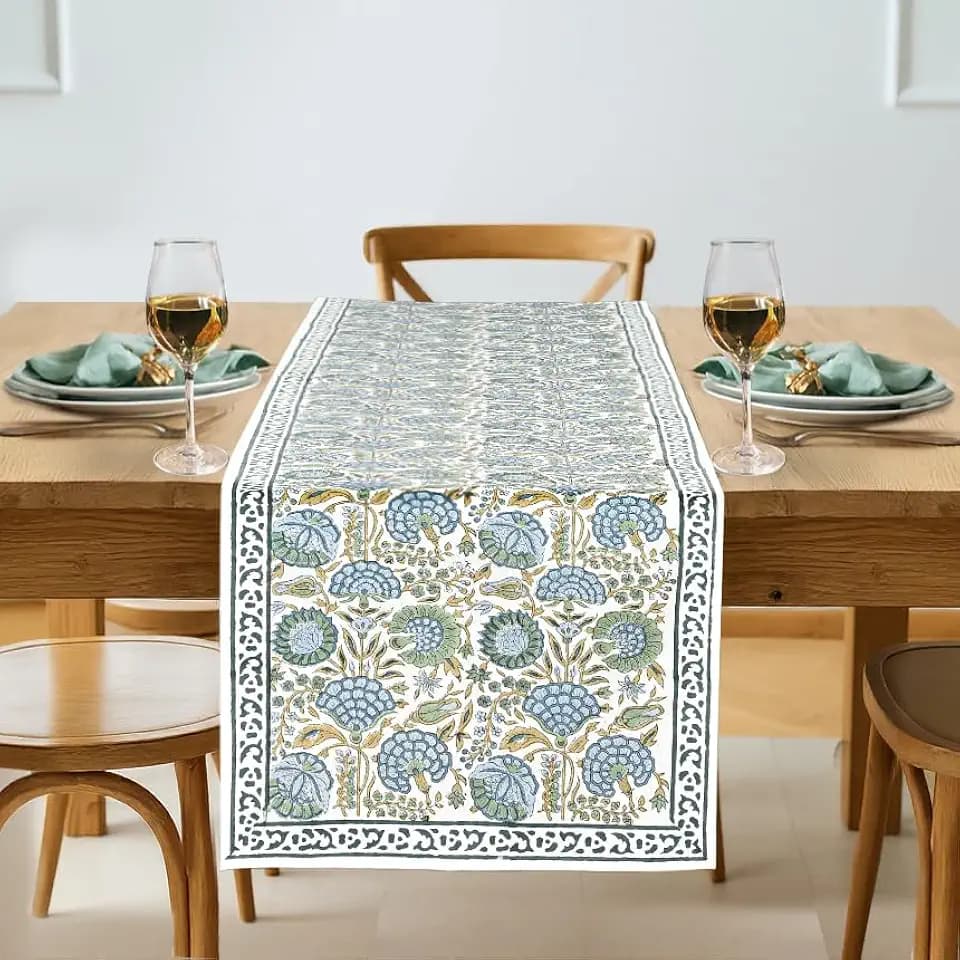 Ridhi Hand Block Print Table Runner Asparagus Green 16x70 Inch 100% Cotton