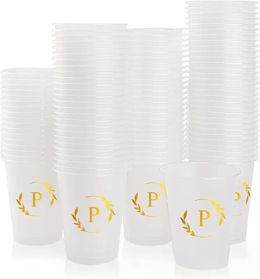 100 Monogrammed Cups Disposable Initial Plastic Cup 12 oz Wedding Personalized Cup for Wedding Reception Baby Shower Birthday Party(Letter P)