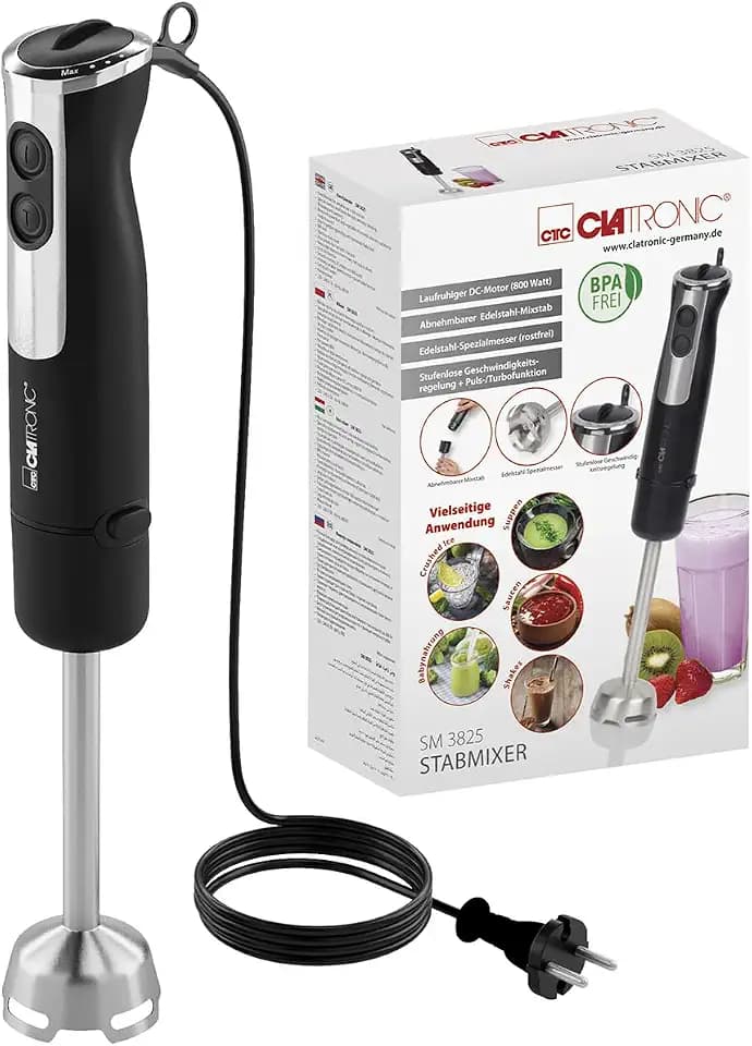 Clatronic Stabmixer 800W mit Turbo-Funktion | Pürierstab mit Edelstahlmesser | 12 Stufen | für Babynahrung, Suppe, Smoothies, Püree, Sauce | Hand Blender | elektrische Stabmixer SM 3825 silber/schwarz