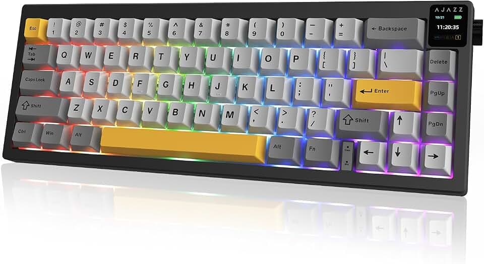 AJAZZ AK650 65% Layout Hot Swappable Gaming Mechanical Keyboard, 0.85” TFT Color Display|Knob | Wired | Wireless 2.4G (Flying Fish Black Yellow)