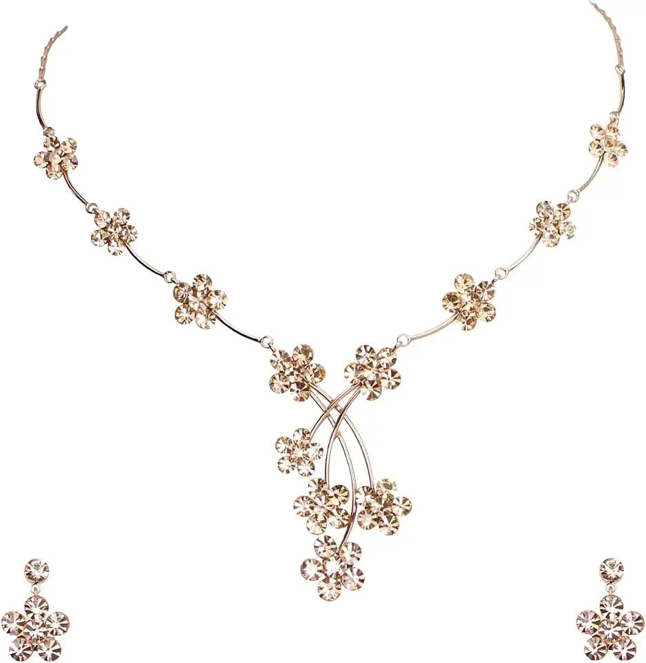 Faship Gorgeous Rhinestone Crystal Floral Necklace Earrings Set