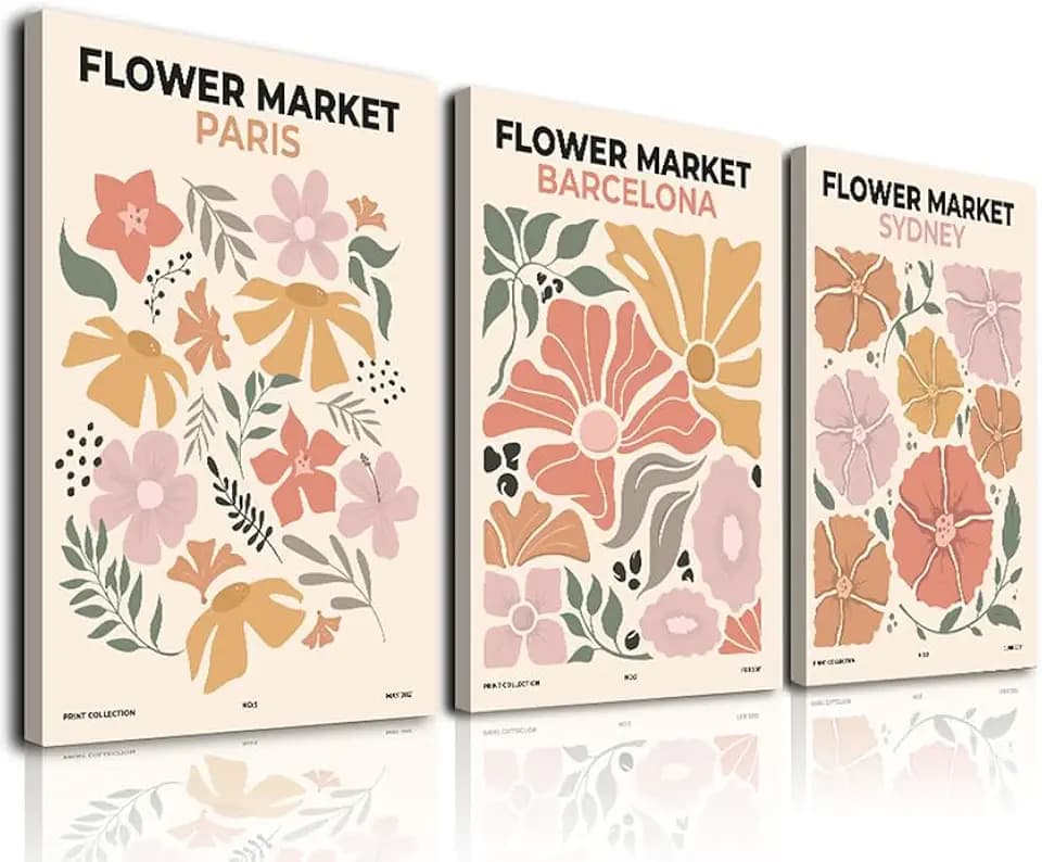 KBKBART Set of 3 Flower Market Framed Wall Art, Boho Wildflower Artwork