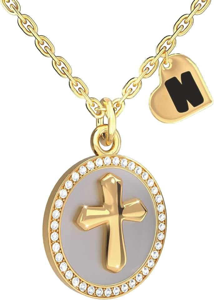 REGIS Cross Necklace for Women, 14K Gold Plated Round Cubic Zirconia Pendant with A-Z Initial Charms, Dainty Personalized Faith Jewelry Gift for Her