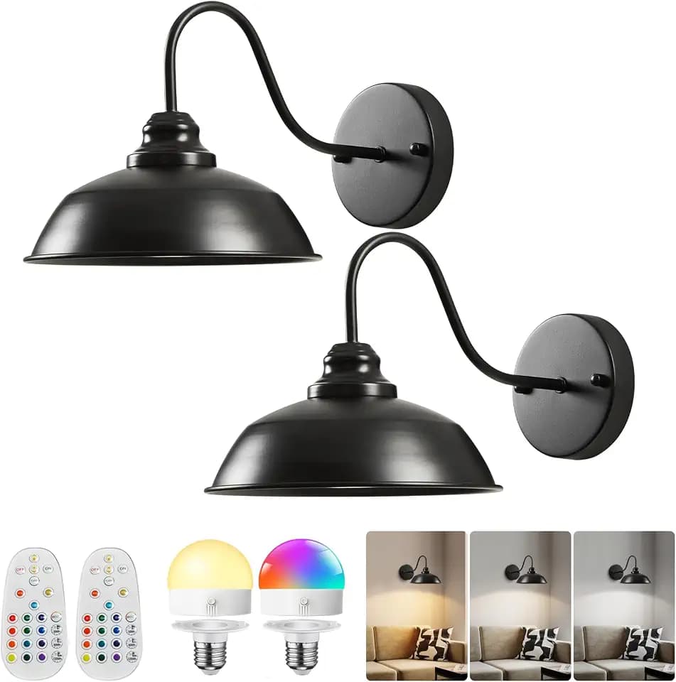 Battery Operated Wall Sconces Set of Two, Black Wireless Wall Lights with Remote and Dimmable Bulbs for Bedroom/Living Room/Farmhouse, Rechargeable Vintage Gooseneck Wall Decor Lamp