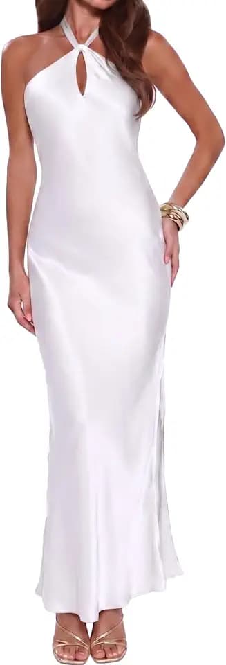 Gmeitoey Satin Halter Maxi Dress for women Formal Bridesmaid Wedding Guest