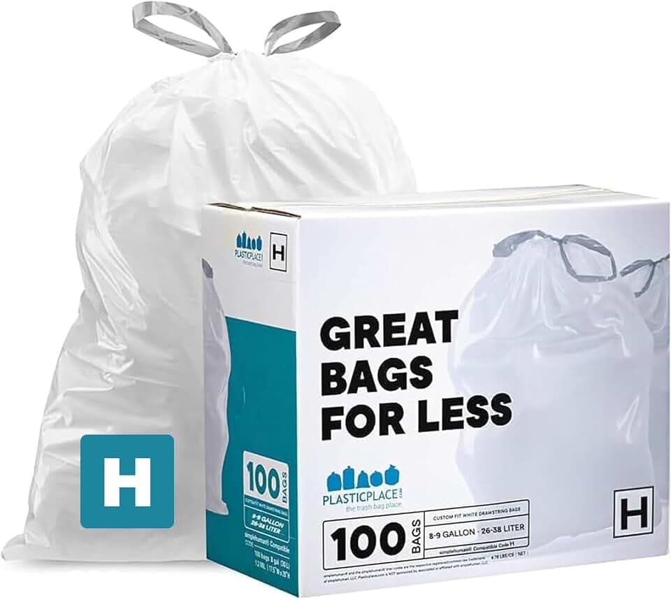 Plasticplace Müllbeutel, passgenau, kompatibel mit Simplehuman TRA175WH Code H, Weiß, mit Kordelzug, 30-35 Liter, 47 x 71 cm