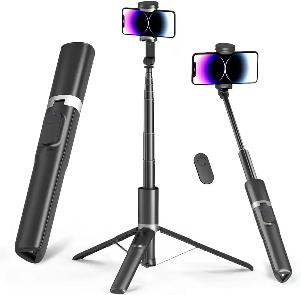 61" Selfie Stick Tripod with Bluetooth Remote, Heavy Duty Aluminum Extendable Vlogging Stand with Metal Base, Triangular Body, Phone Holder & Cold Shoe Mount for iPhone, Android Smartphone - Black