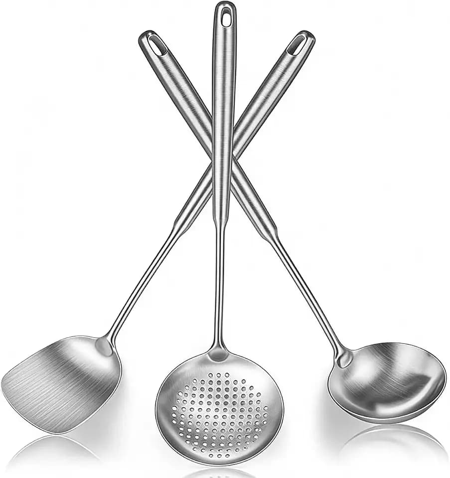 Berglander Wok Spatula Set, Stainless Steel Kitchen Cooking Utensils - 17" Wok Tools: Spatula, Ladle, Skimmer