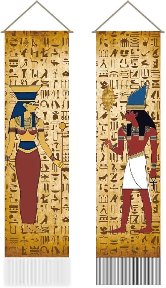 AHANDMAKER 2Pcs Egypt Hieroglyphic Tapestry, Ancient Egypt Hieroglyphic Vertical Wall Hanging, Egypt Theme Tassel Wall Tapestries Mystic Aesthetic Tapestry for Bedroom Living Room(45.7x13 Inch)