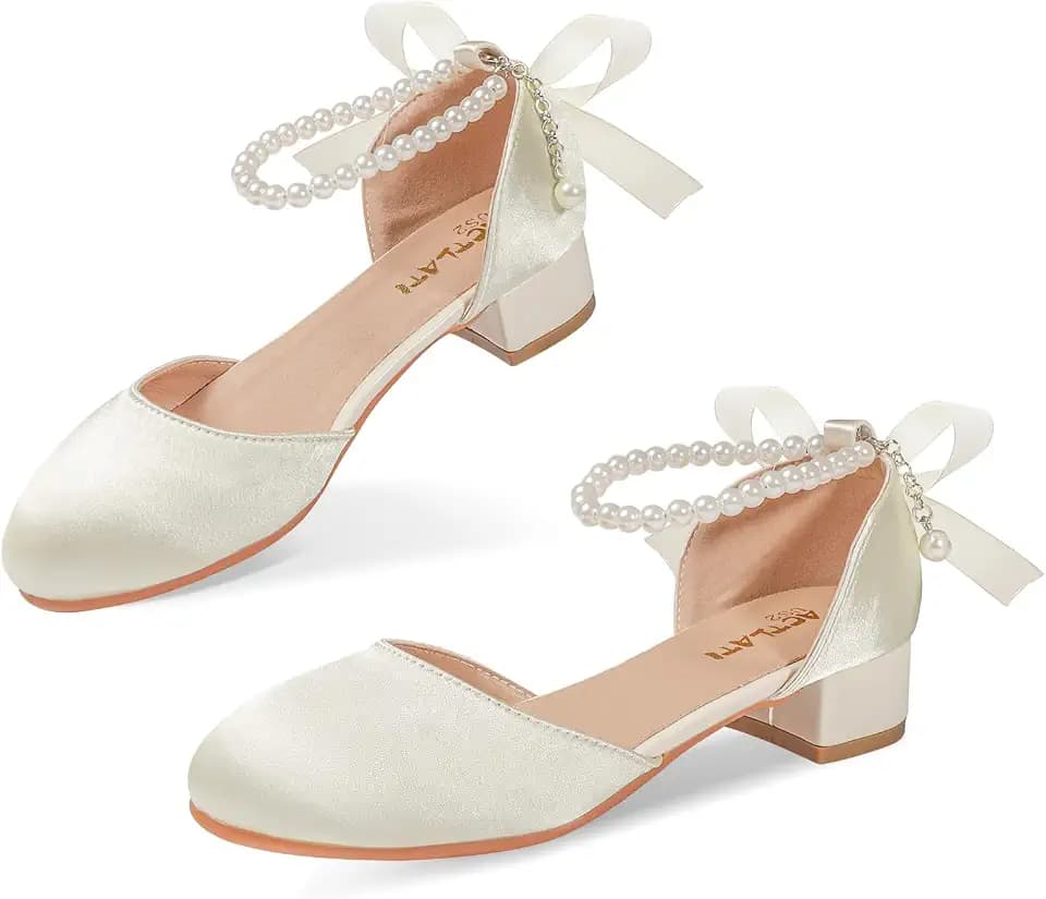 Girls Dress Shoes High Heels Sandals Satin Closed Toe Pearls Ankle Strap Flower Girl Little Big Kid Mary Jane Wedding Party Communion Pump Shoes