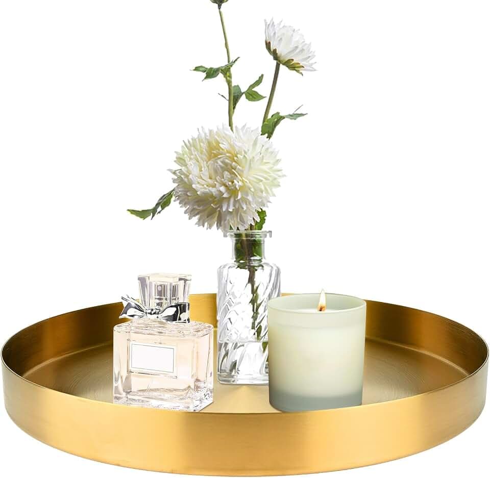 Tablett Gold Ø30cm Deko Tablett Rund aus Metall, TablettServiertablett Dekoteller, Edelstahl Platzteller Gold, Deko GoldTablett für Adventskranz Teller Dessert Kosmetik Schmuck Kerzen Tee-Set Vasen