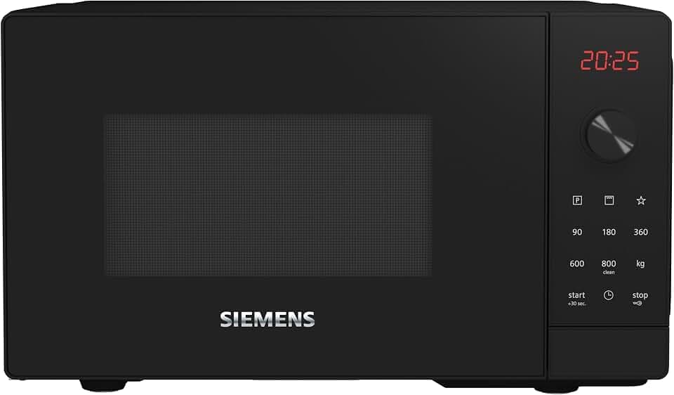 Siemens iQ300 Freistehende Mikrowelle 44 x 26 cm Schwarz FE023LMB2 | Grillfunktion, Wattleistung bis 800 Watt, Favoritentaste, Rotes LED Display mit Drehknebel, Hydrolytisch, Kindersicherung