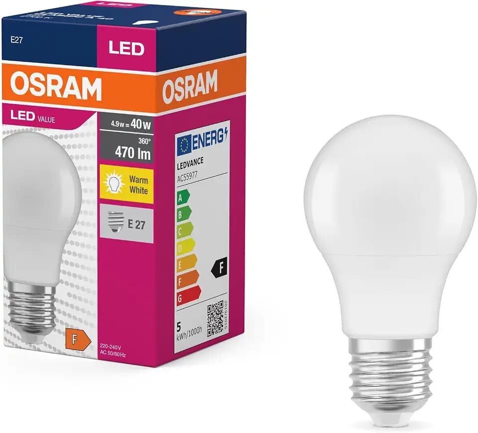 Osram LED Star Value Classic A40 LED-Lampe für E27-Fassung, Birnenform, FR, 470 Lumen, warmweiß (2700K), Ersatz für herkömmliche 40W-Glühlampen, nicht dimmbar