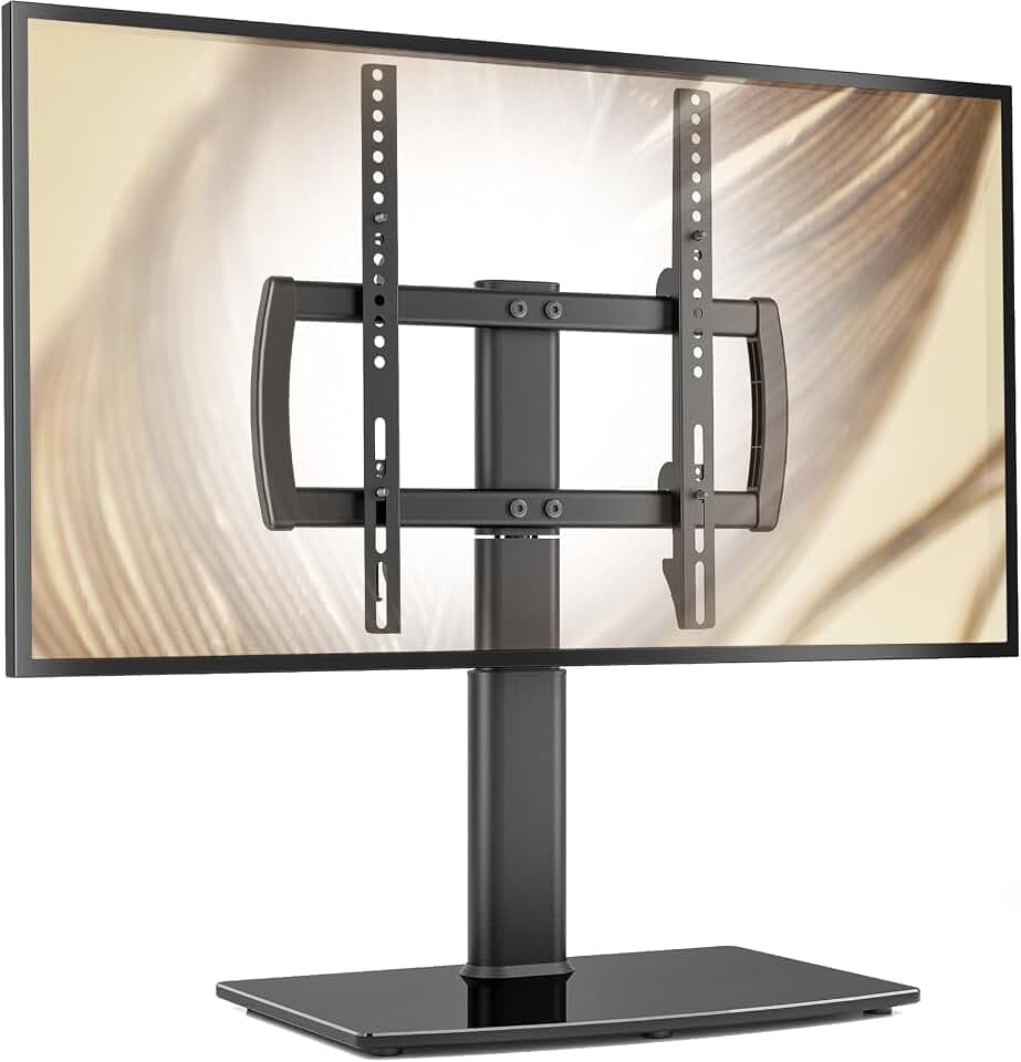 Universal schwenkbarer TV-Ständer/Tischfuß TV-Ständer 27 bis 60 Zoll TVs 80 Grad schwenkbar, 4 Stufen höhenverstellbar, Schwerer gehärteter Glassockel, hält bis zu 45kg Bildschirme, HT04B-001P