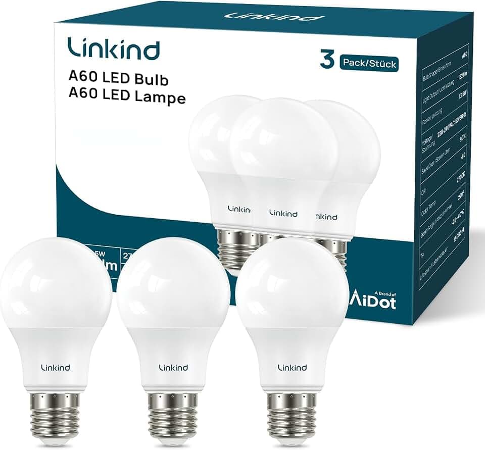 Linkind E27 LED Birne 8W=60W, 5000K Tageslicht, 840 Lm, Standard A60 Form, 220°, matt, 3 Stück