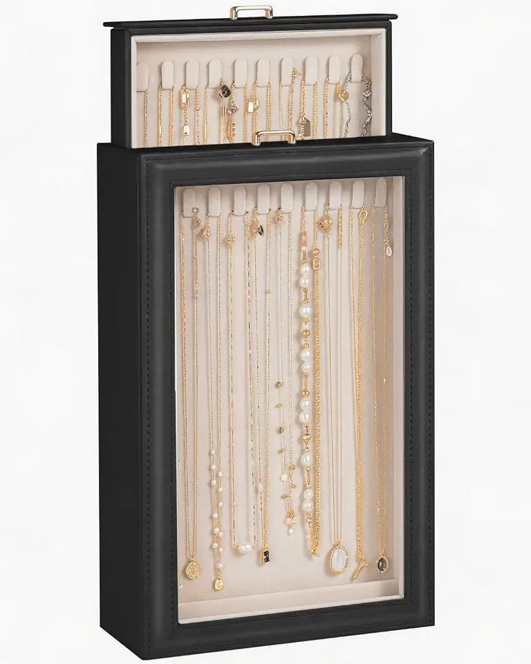 Necklace Organizer Box, Jewelry Storage Box with Clear Window for Necklaces Bracelets, Tangle-Free Necklace Holder Stand for Women Girls, 2 Layers 20 Hooks Vertical Necklace Display Case,Black