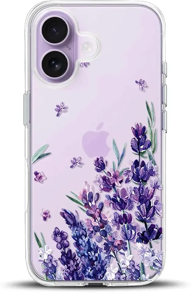 Compatible with iPhone 17 Case, Clear Floral Purple Lavender Flower Shockproof Protective Bumper Hard Back Slim Cute Clear Phone Cover for Women Girls 2025 6.3", Lavender 17