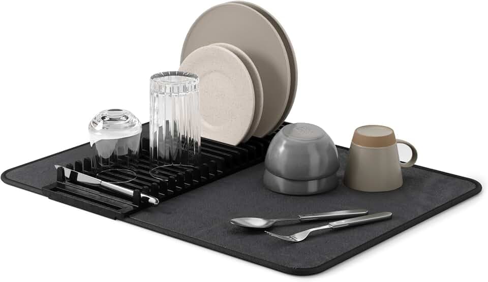 Umbra Udry Dish Drying Rack with Mat, Folds Flat for Storage, Black