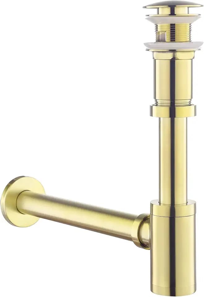 SET - Design Siphon mit Ablaufgarnitur mit Überlauf für Waschbecken Gebürstete Gold – Keymark Universal Siphon und Ablaufventil Bad – Messing Syphon Sifon Pop Up Abflussgarnitur Abfluss Waschtisch